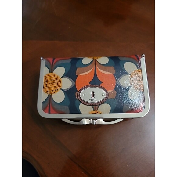 Fossil Key-Per Brown Floral Make Up/travel With Mirror Metal Snap 6.5"x4"x2" - Picture 3 of 9